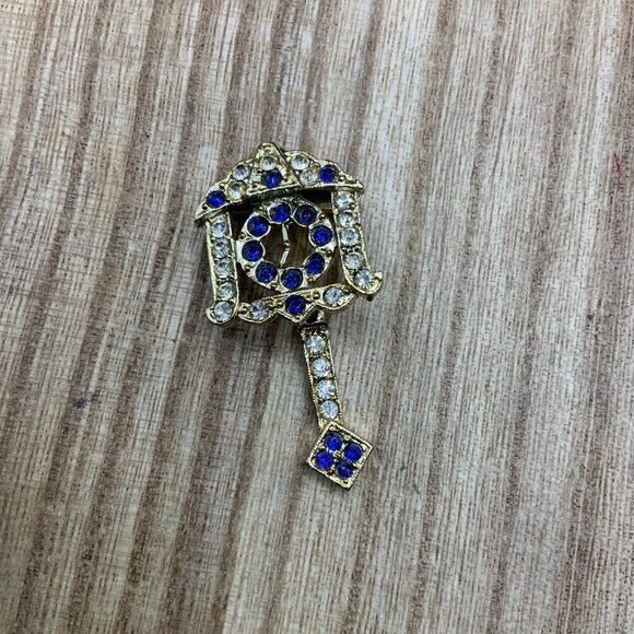 Pendulum Clock Vintage Blue Rhinestone Silver Tone Pin Brooch - Picture 1 of 6